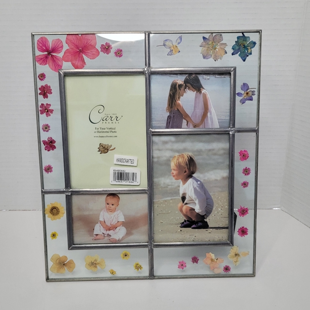 Vintage Pressed Flowers Multi-Photo Collage Frame Silver Trim NWT NOS